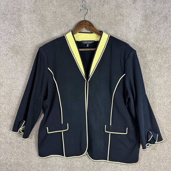 Ming Wang Blazer Womens XL Black Yellow Cardigan Contrast Trim Knit Jacket Bow - Picture 1 of 11